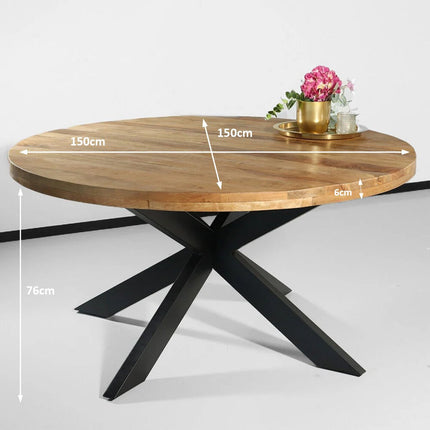 Eettafel rond mangohout 150cm Jones lichtbruin ronde industriële tafel duurzaam mango eetkamertafel