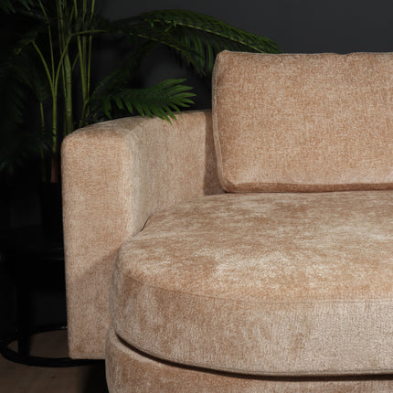 Hoekbank rond design Nox 250cm bank met ronding taupe chenille bankstel links loungebank