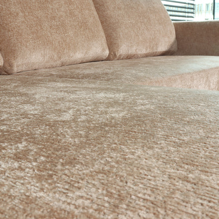 Hoekbank rond design Nox 250cm bank met ronding taupe chenille bankstel links loungebank