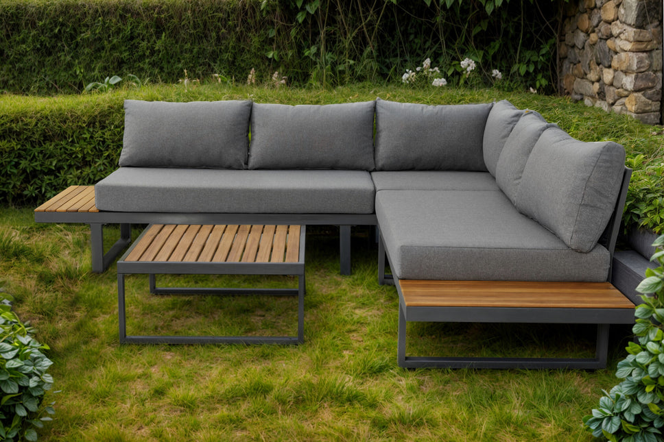 Loungeset 5-zits aluminium en acaciahout grijs Darcio met tuintafel