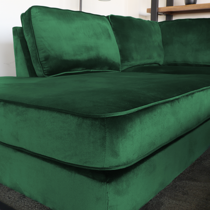 Hoekbank design Puckerto 290cm bank velvet donkergroen hoek loungebank links bankstel