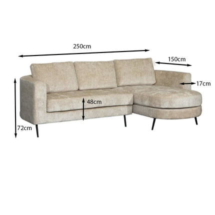 Hoekbank rond design Nox 250cm bank met ronding beige chenille bankstel rechts loungebank