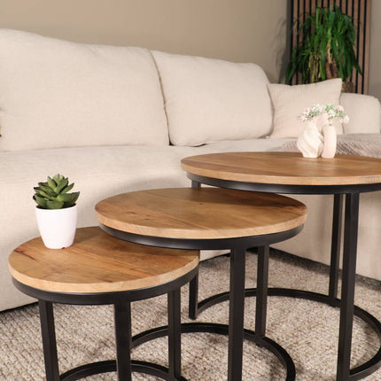 Salontafel rond 3delig lichtbruin mangohout Jaell