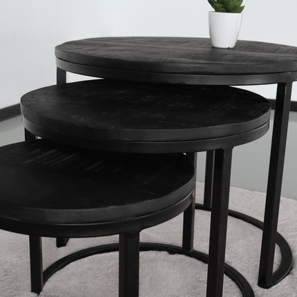 Salontafel rond 3delig mangohout Jaell zwart side table industrieel duurzaam massief hout mango bijzettafel