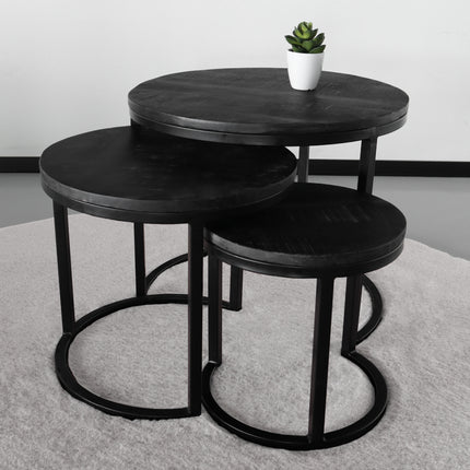 Salontafel rond 3delig mangohout Jaell zwart side table industrieel duurzaam massief hout mango bijzettafel