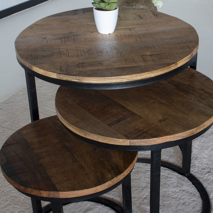 Salontafel rond 3delig bruin mangohout Jaell