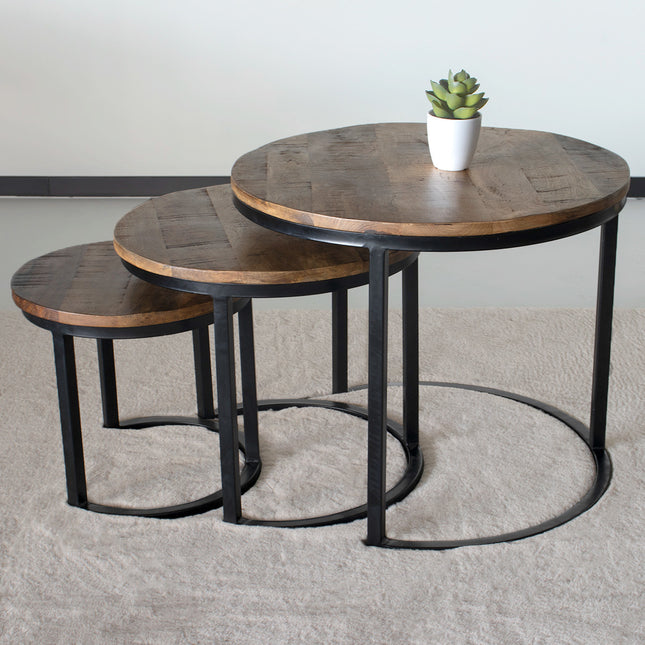 Salontafel rond 3delig mangohout Jaell bruin side table industrieel duurzaam massief hout mango bijzettafel