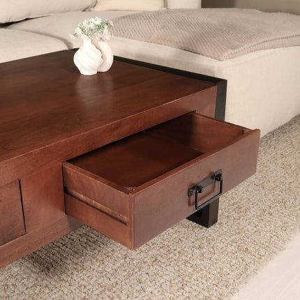 Salontafel rechthoekig met lades walnoot bruin mangohout 120cm Kai