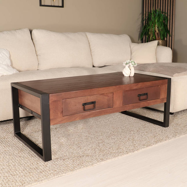 Salontafel rechthoekig met lades walnoot bruin mangohout 120cm Kai