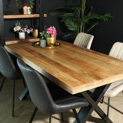 Eettafel rechthoekig mangohout Xavier lichtbruin 180cm duurzaam tafel met X-poot mango rechthoekige eetkamertafel hout