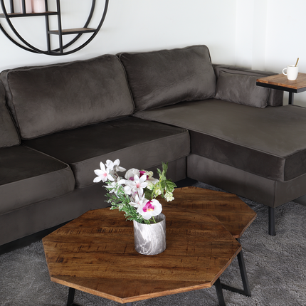 Hoekbank design Lizza 269cm bank donkergrijs velvet loungebank zowel links als rechts bankstel