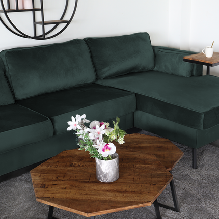 Hoekbank design Lizza 269cm bank donkergroen velvet loungebank zowel links als rechts bankstel