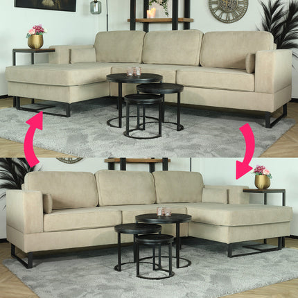 Hoekbank design Darsiono 280cm bank taupe velvet loungebank zowel links als rechts bankstel