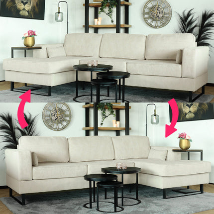 Hoekbank design Darsiono 280cm bank beige velvet loungebank zowel links als rechts bankstel