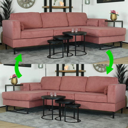 Hoekbank design Darsiono 280cm bank roze velvet loungebank zowel links als rechts bankstel