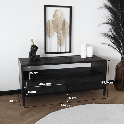 Tv meubel industrieel mangohout Fello zwart tv kast met 2 lades 100cm duurzaam mango massief hout tv-meubel