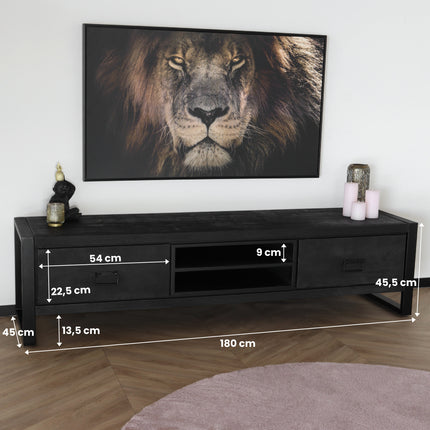 TV meubel industrieel mangohout Avelyn zwart 180cm tv kast duurzaam mango massief hout tv-meubel