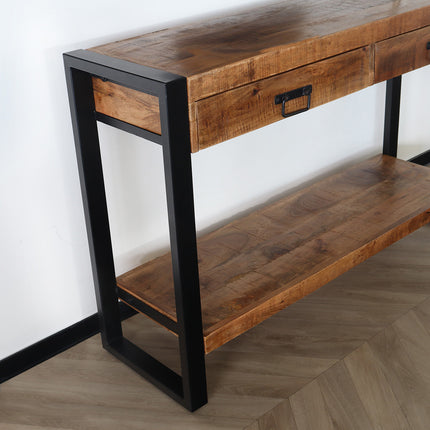 Bijzettafel mangohout Vera 120cm met 2 lades industrieel duurzaam massief hout side table