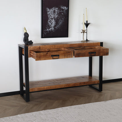 Bijzettafel mangohout Vera 120cm met 2 lades industrieel duurzaam massief hout side table