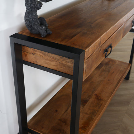 Bijzettafel mangohout Vera 120cm met 2 lades industrieel duurzaam massief hout side table