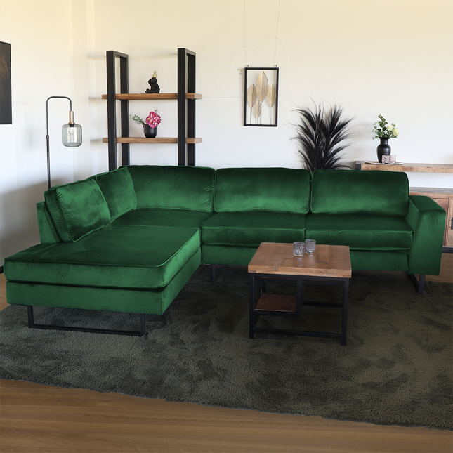 Hoekbank design Puckerto 290cm bank velvet donkergroen hoek loungebank links bankstel