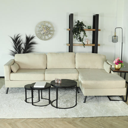 Hoekbank design Lizza 269cm bank beige velvet loungebank zowel links als rechts bankstel