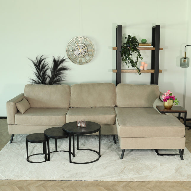 Hoekbank design Lizza 269cm bank taupe velvet loungebank zowel links als rechts bankstel