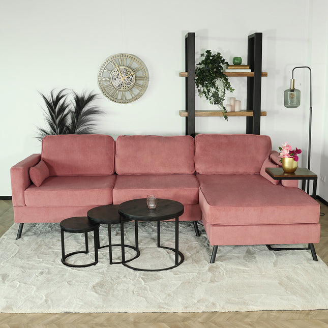 Hoekbank design Lizza 269cm bank roze velvet loungebank zowel links als rechts bankstel