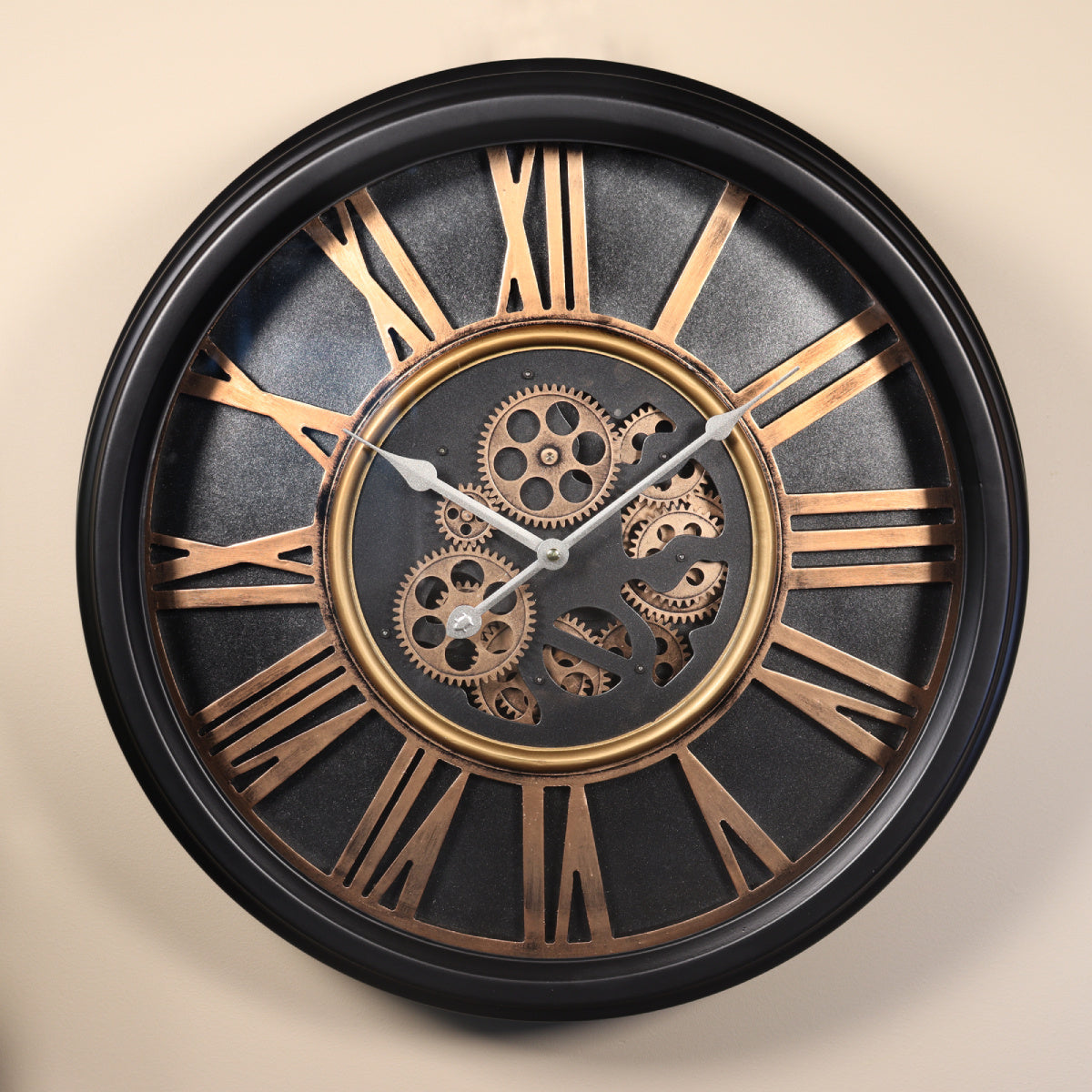 86 Mm Kwartsklok Insert – Vintage Industriële Wandklok Met Gouden Lunette En Romeinse Cijfers – Zilver