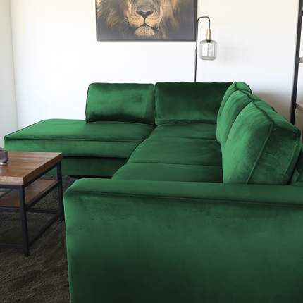 Hoekbank design Puckerto 290cm bank velvet donkergroen hoek loungebank links bankstel